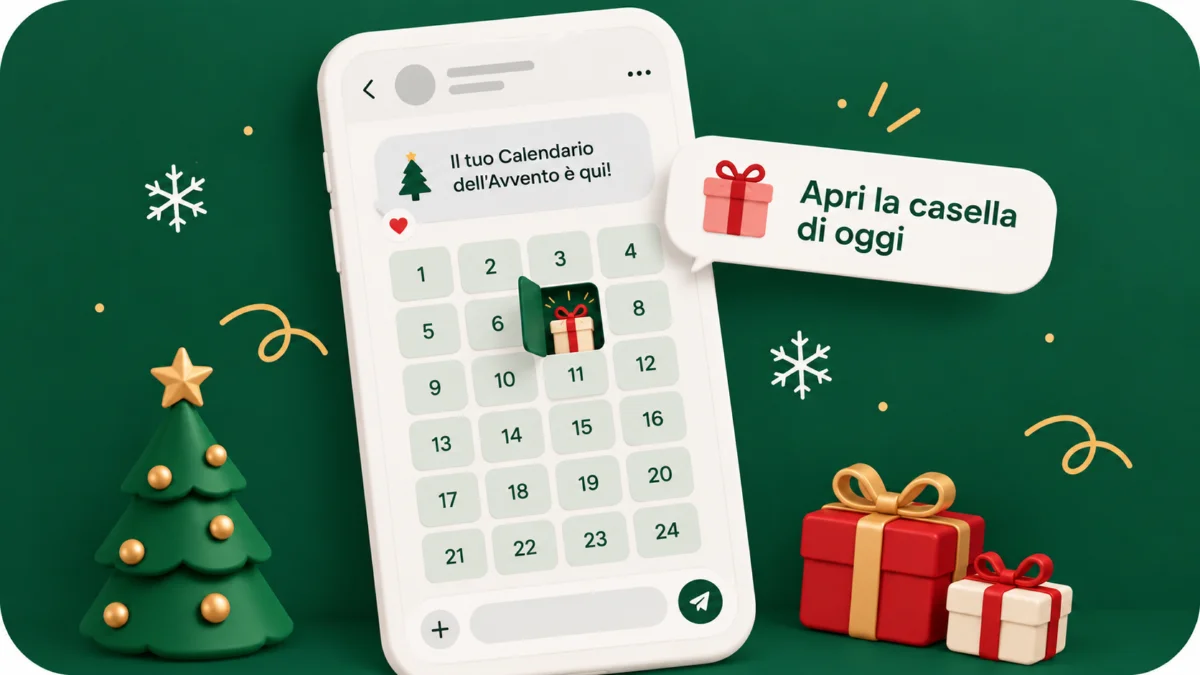 Illustrazione di un calendario dell'Avvento digitale con le caselle che si aprono dentro una conversazione in chat sul telefono
