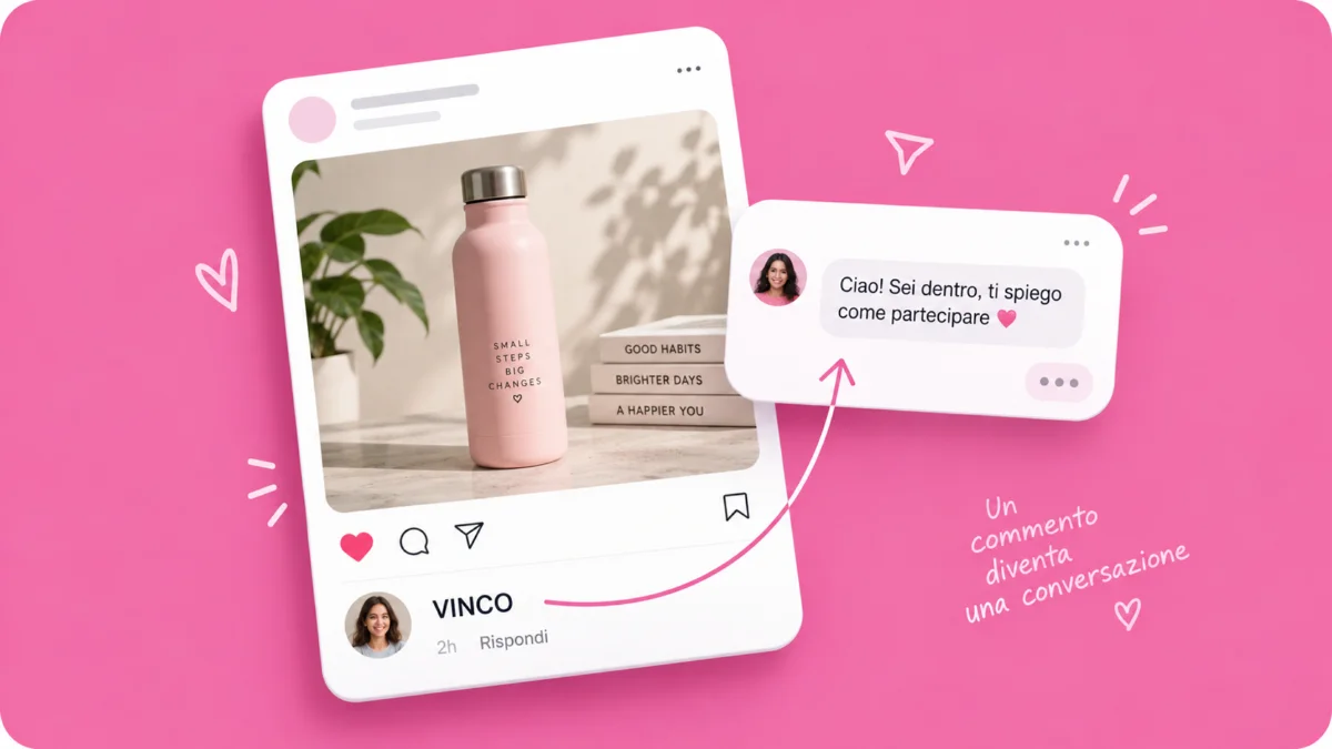 Illustrazione di un post Instagram con il commento di partecipazione e la conversazione in chat che parte subito dopo
