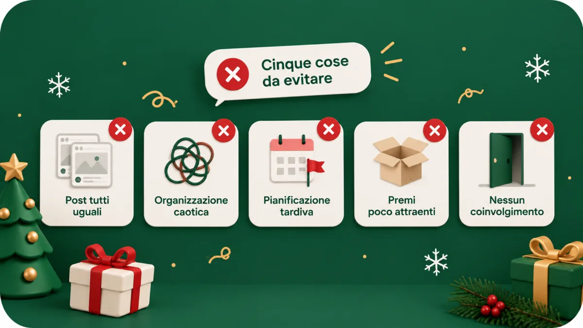 Cinque cose da evitare in un calendario dell'Avvento: post tutti uguali, organizzazione caotica, pianificazione tardiva, premi poco attraenti, nessun coinvolgimento