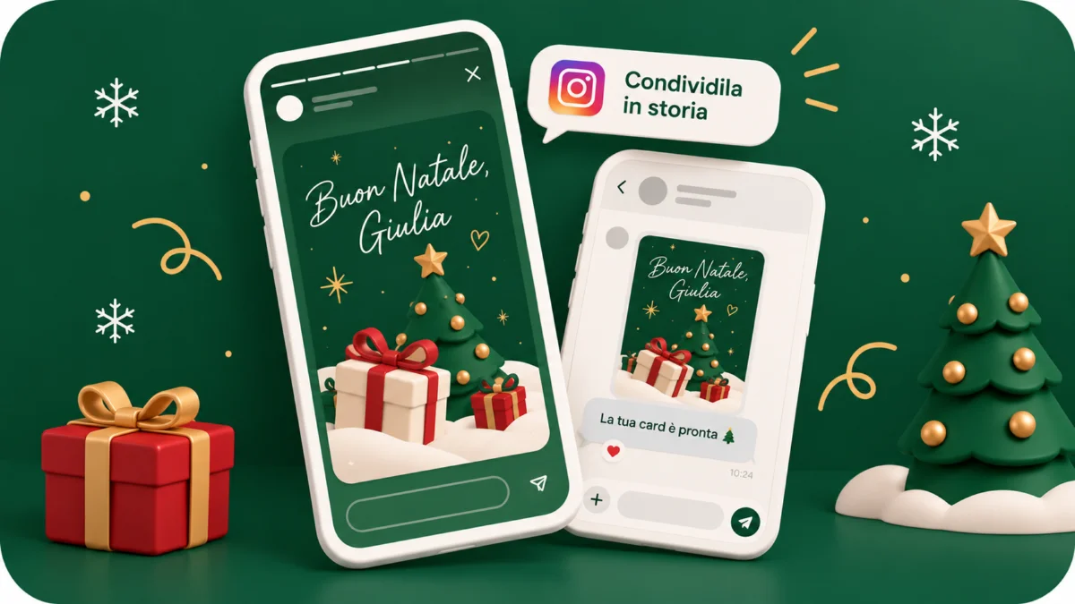 Una card natalizia personalizzata con il nome della persona e il marchio, generata in chat e condivisa in una storia
