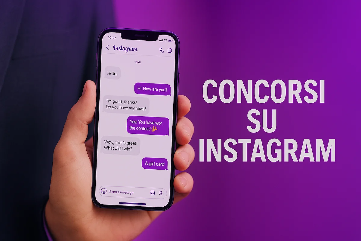Smartphone tenuto in mano con una chat Instagram di un concorso e la scritta Concorsi su Instagram
