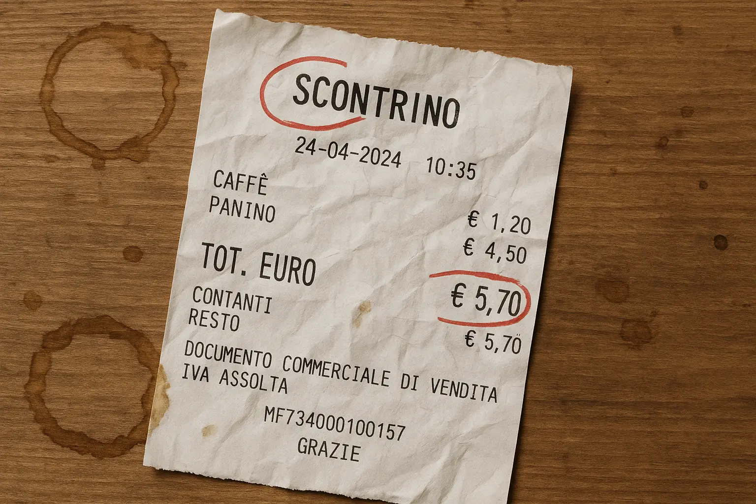 Scontrino di cassa italiano appoggiato su un tavolo di legno, con data, ora e importo totale cerchiati in rosso