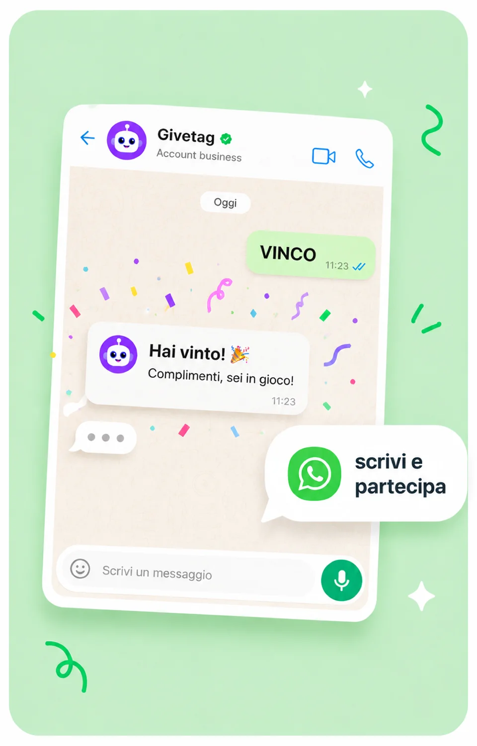 Chat WhatsApp del concorso: si scrive la parola, l'instant win risponde subito «Hai vinto!»