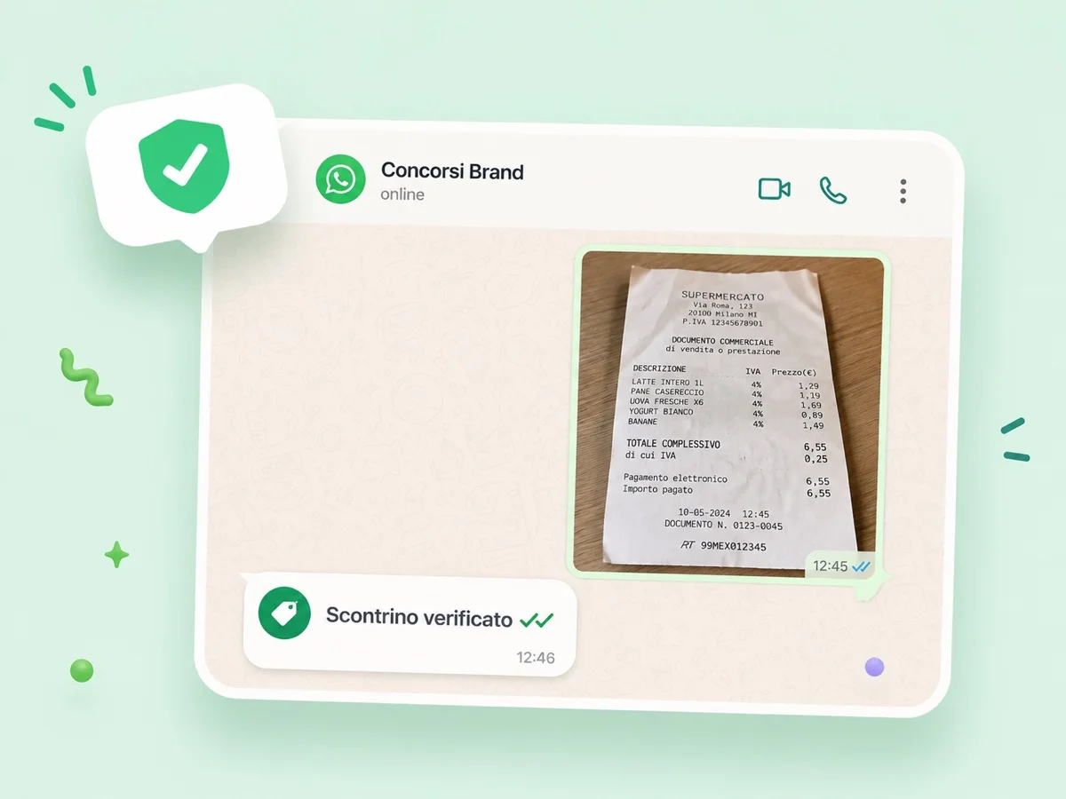 Chat WhatsApp del concorso: foto dello scontrino inviata e risposta «Scontrino verificato» con doppia spunta